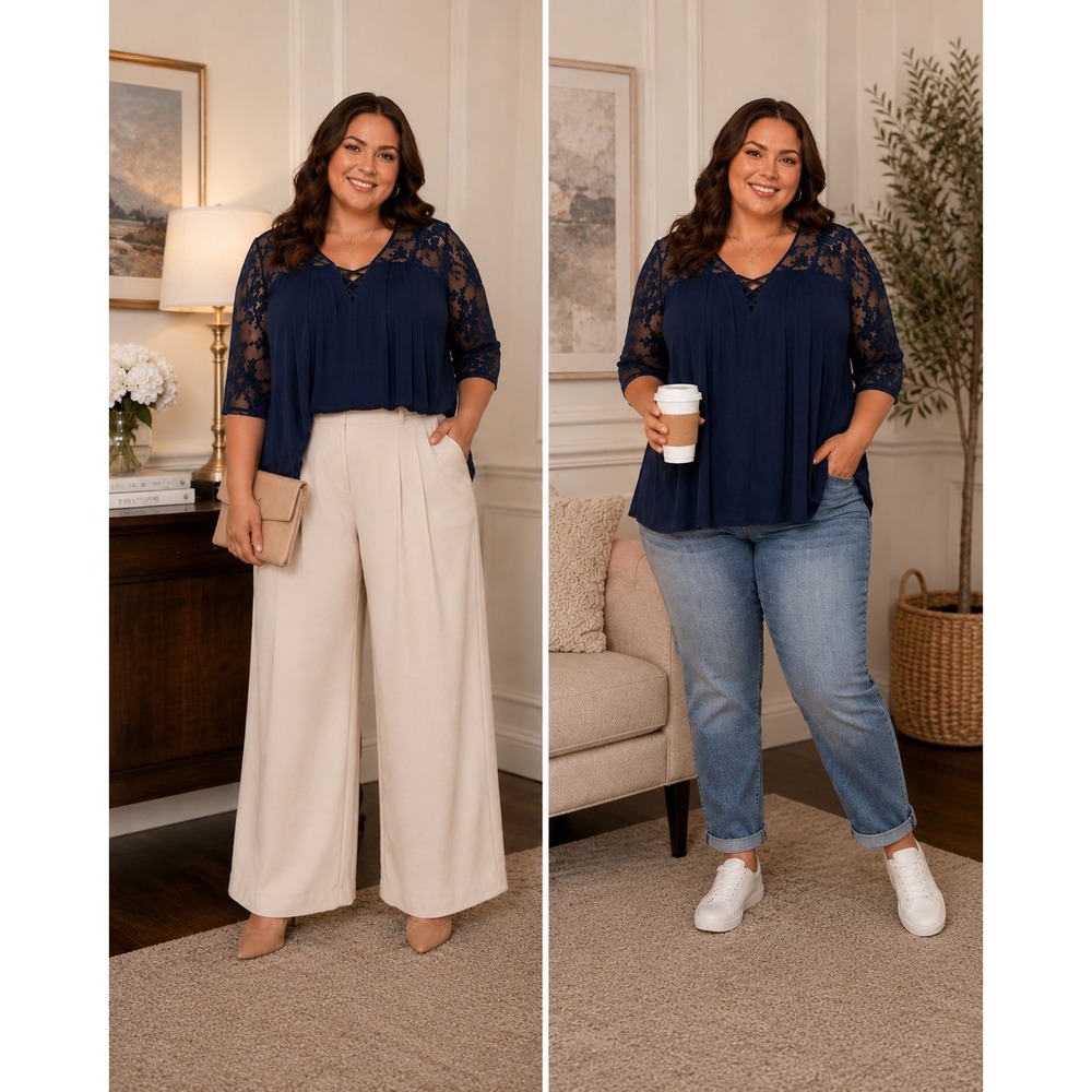 Torrid Blouse Navy Blue Lace Contrast Lattice Neck Boho Plus Size 4 (26/28)